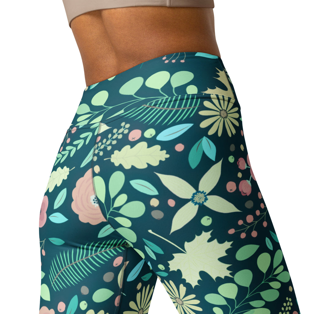 Women's Dark Green Floral Buttery Soft Yoga Leggings - Quick Drying, High Waisted Comfort