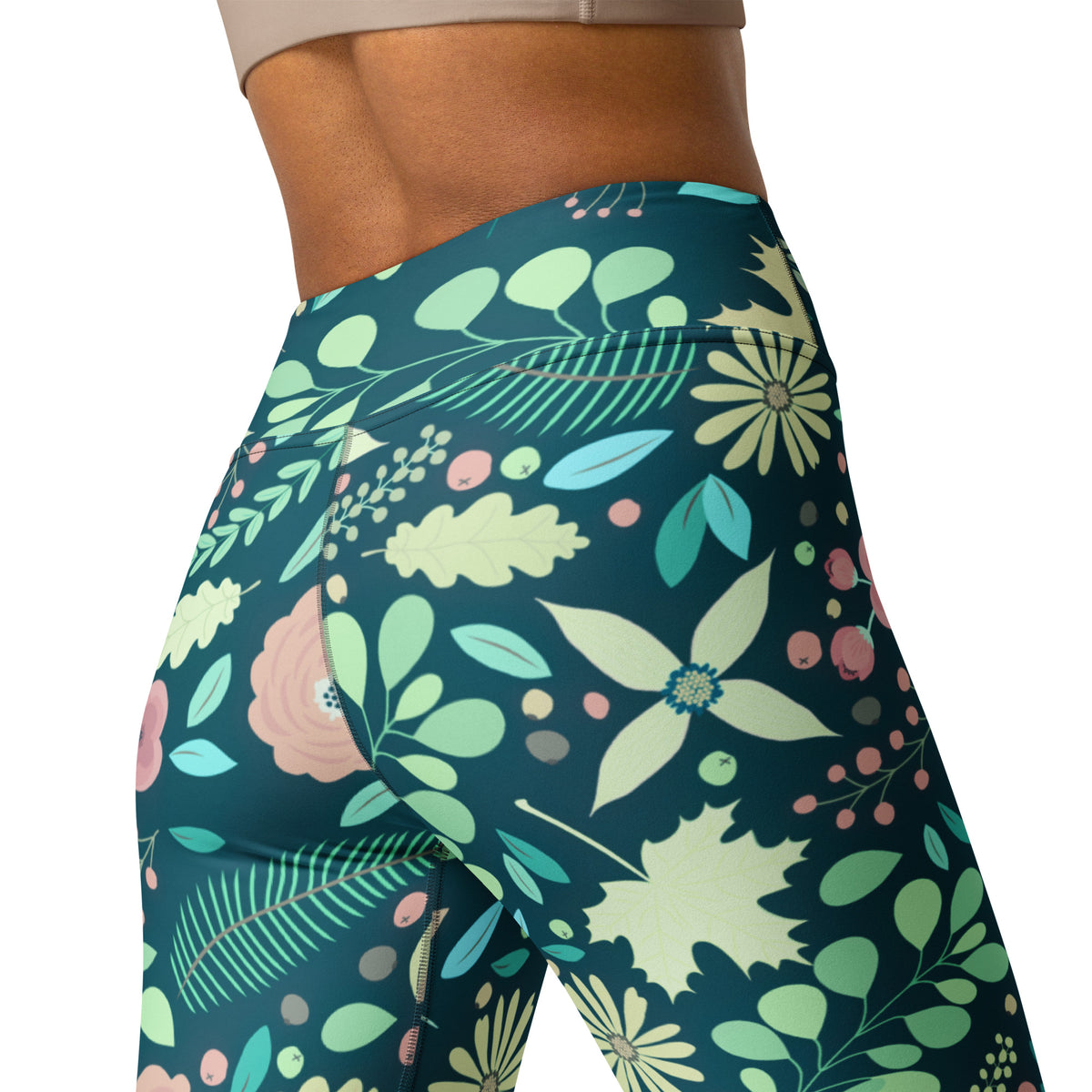 Women's Dark Green Floral Buttery Soft Yoga Leggings - Quick Drying, High Waisted Comfort