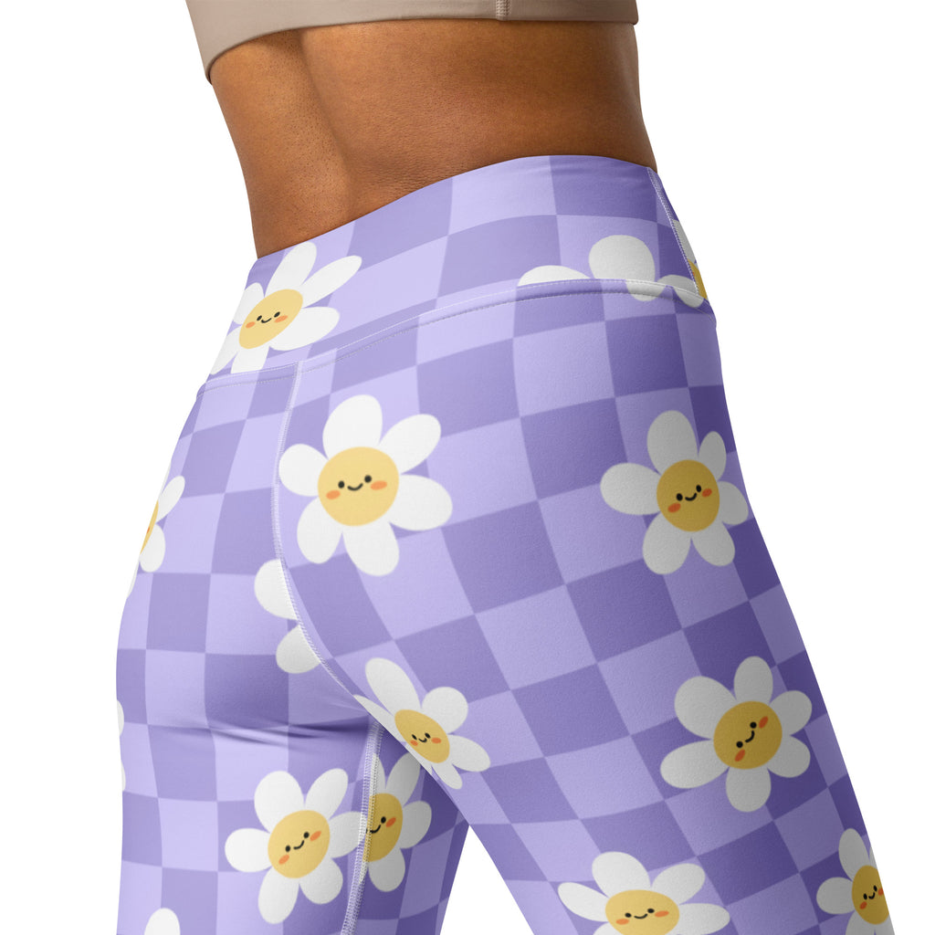 Women's Purple Daisy Checkered Buttery Soft Yoga Leggings - Quick Drying, High Waisted Comfort