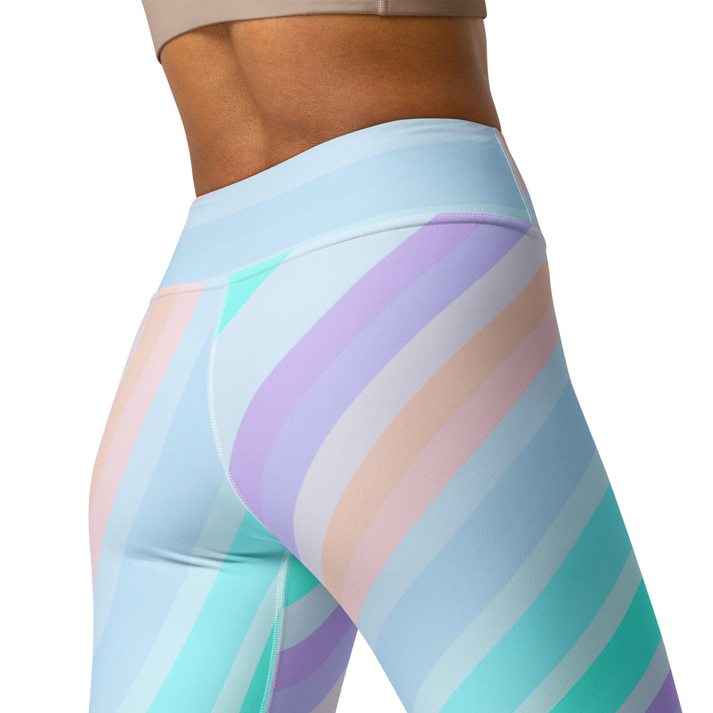 Women's Pastel Blue Rainbow Striped Buttery Soft Yoga Leggings - Quick Drying, High Waisted Comfort