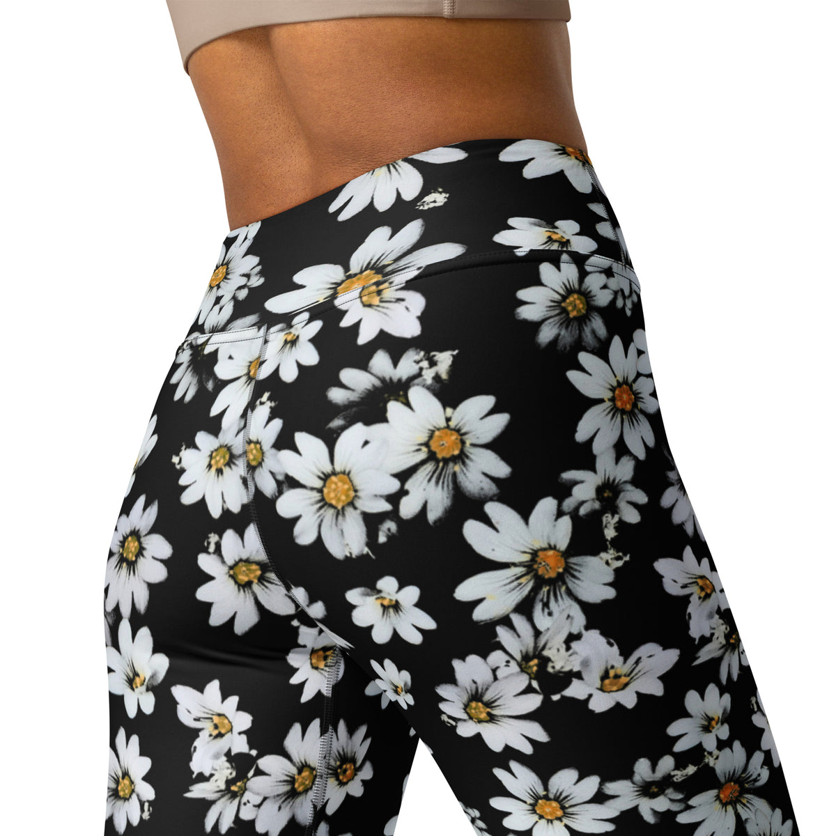 Women's Black Daisy Floral Buttery Soft Yoga Leggings - Quick Drying, High Waisted Comfort