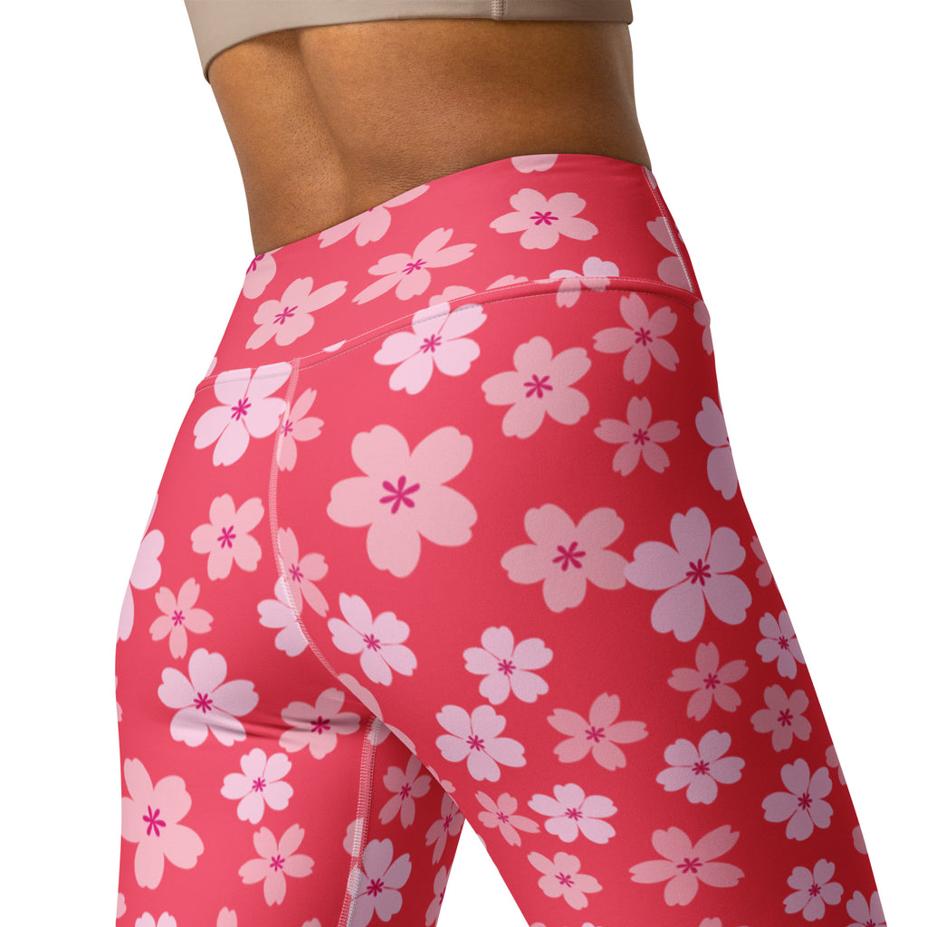 Women's Bright Pink Cherry Blossom Buttery Soft Yoga Leggings - Quick Drying, High Waisted Comfort