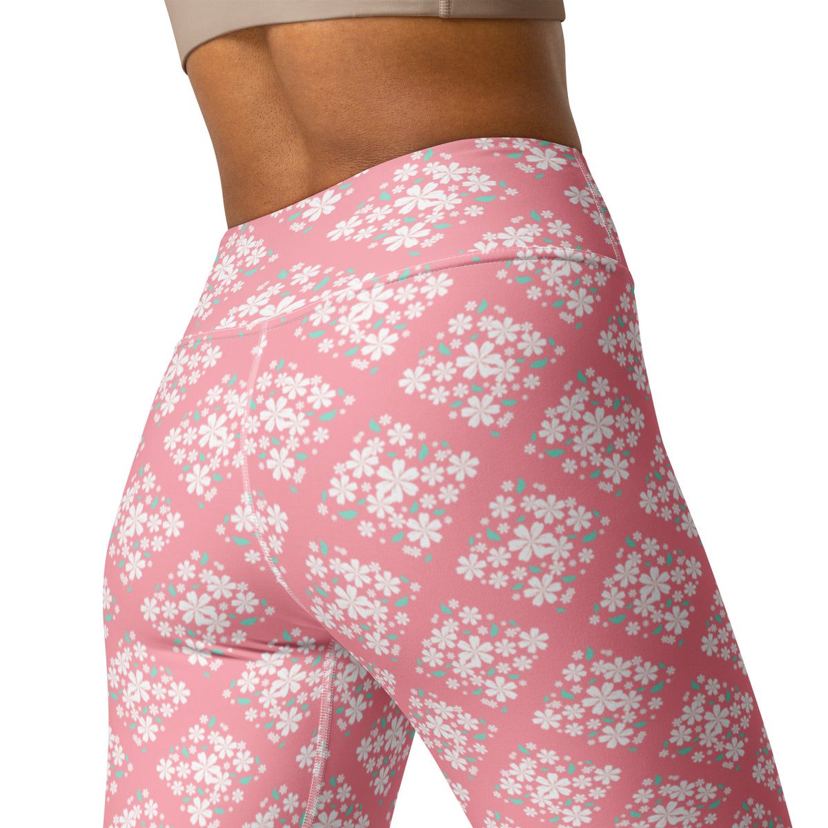 Women's Pink Floral Diamond Buttery Soft Yoga Leggings - Quick Drying, High Waisted Comfort
