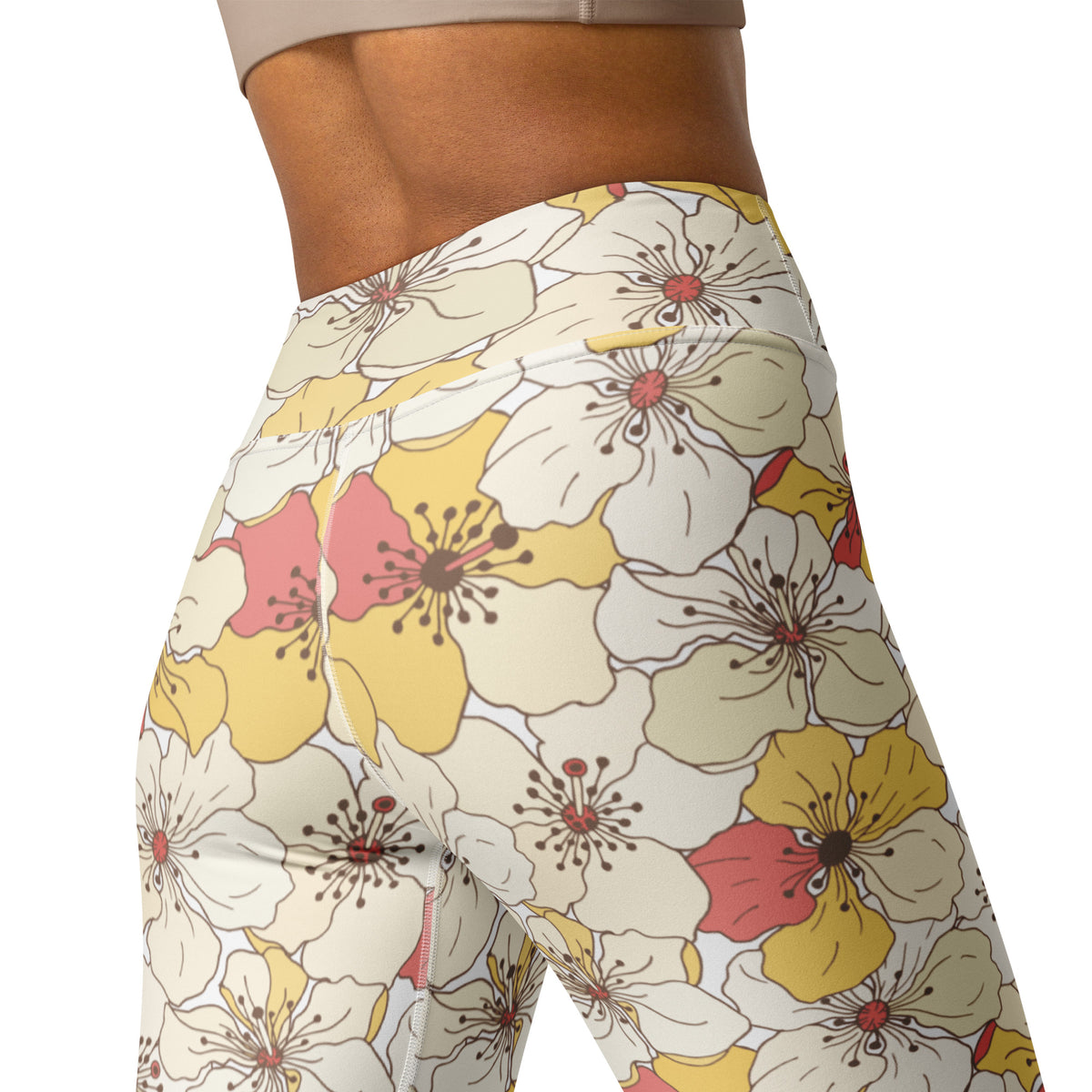 Women's Vintage Cream Floral Buttery Soft Yoga Leggings - Quick Drying, High Waisted Comfort