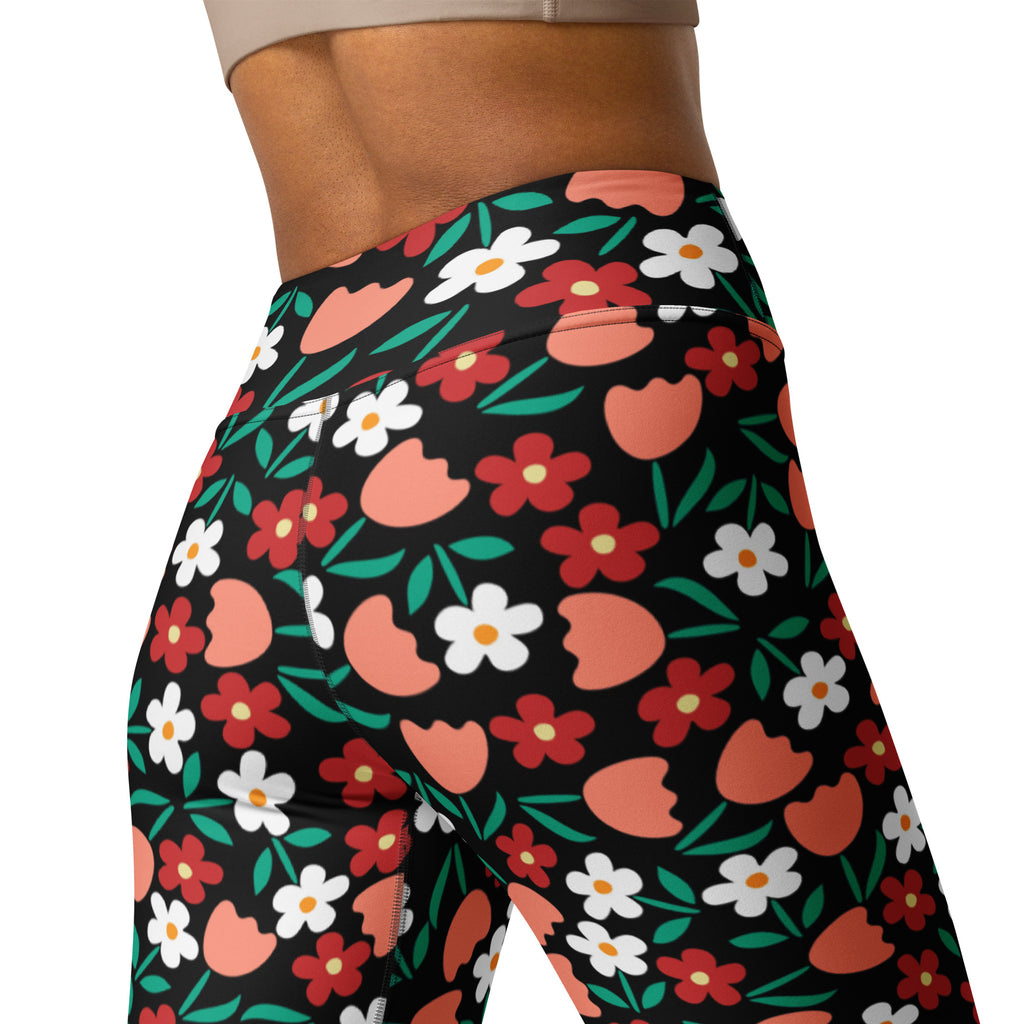Women's Coral Red Floral Buttery Soft Yoga Leggings - Quick Drying, High Waisted Comfort