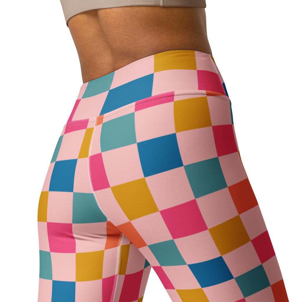 Women's Colorful Pink Checkered Buttery Soft Yoga Leggings - Quick Drying, High Waisted Comfort
