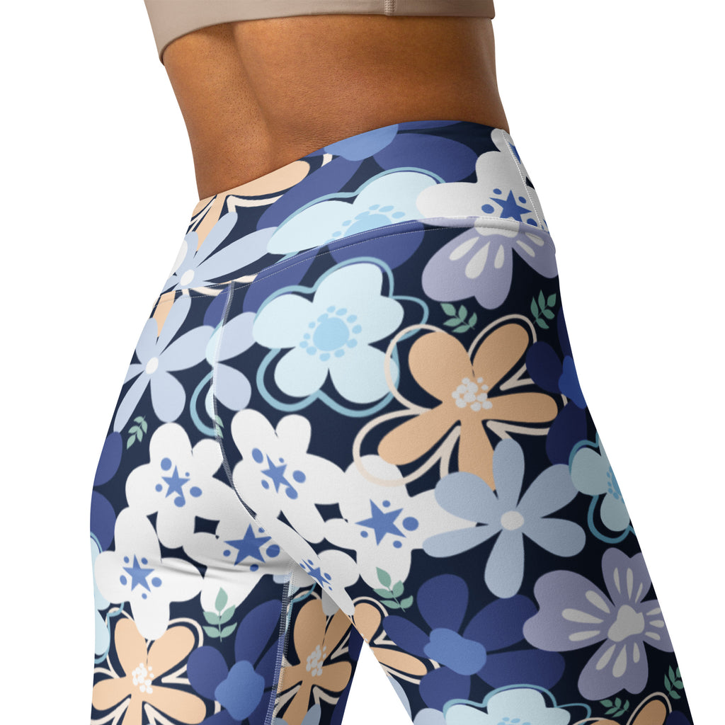 Women's Navy Blue Flowers Buttery Soft Yoga Leggings - Quick Drying, High Waisted Comfort