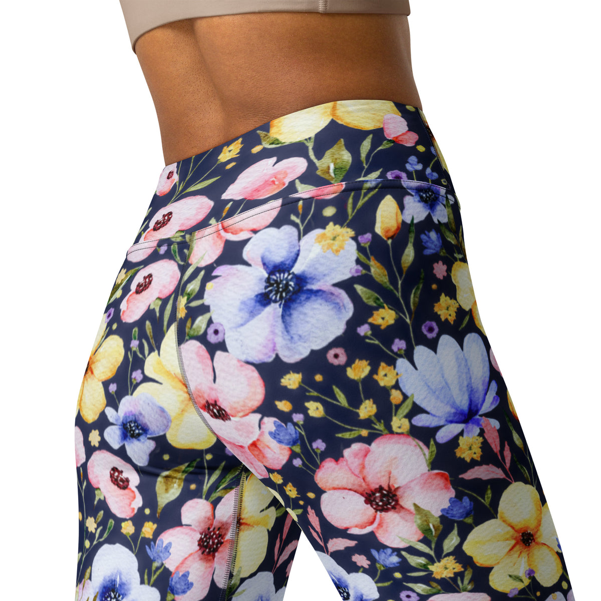 Women's Navy Watercolor Floral Buttery Soft Yoga Leggings - Quick Drying, High Waisted Comfort