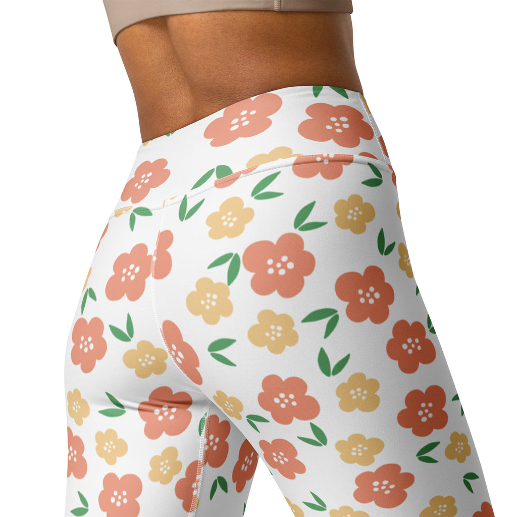 Women's Orange Floral Buttery Soft Yoga Leggings - Quick Drying, High Waisted Comfort