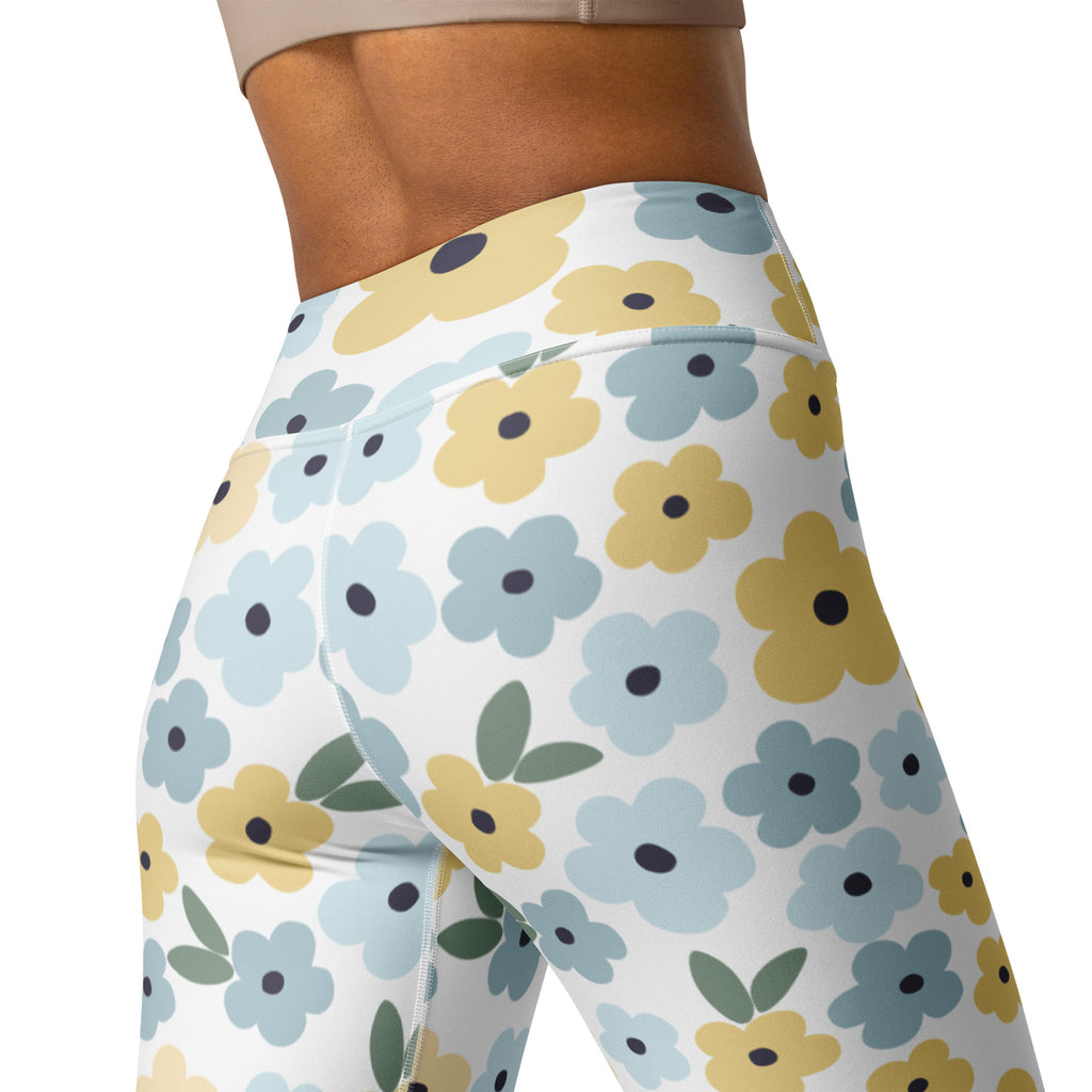 Women's Blue Yellow Floral Buttery Soft Yoga Leggings - Quick Drying, High Waisted Comfort