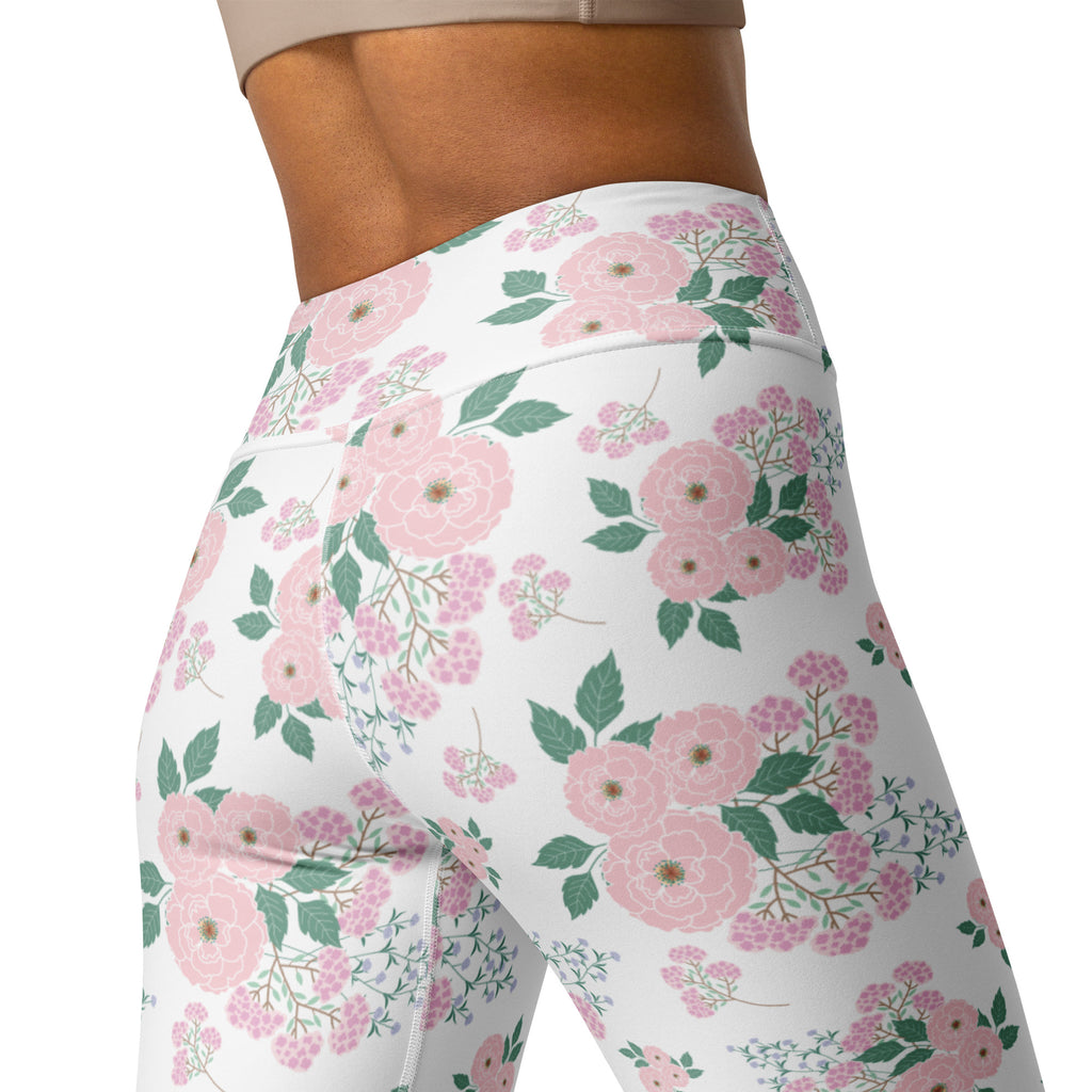 Women's Pink Rose Floral Buttery Soft Yoga Leggings - Quick Drying, High Waisted Comfort