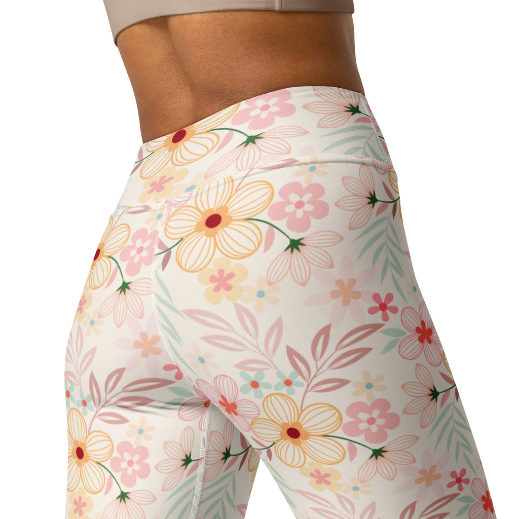 Women's Peach Pink Floral Buttery Soft Yoga Leggings - Quick Drying, High Waisted Comfort