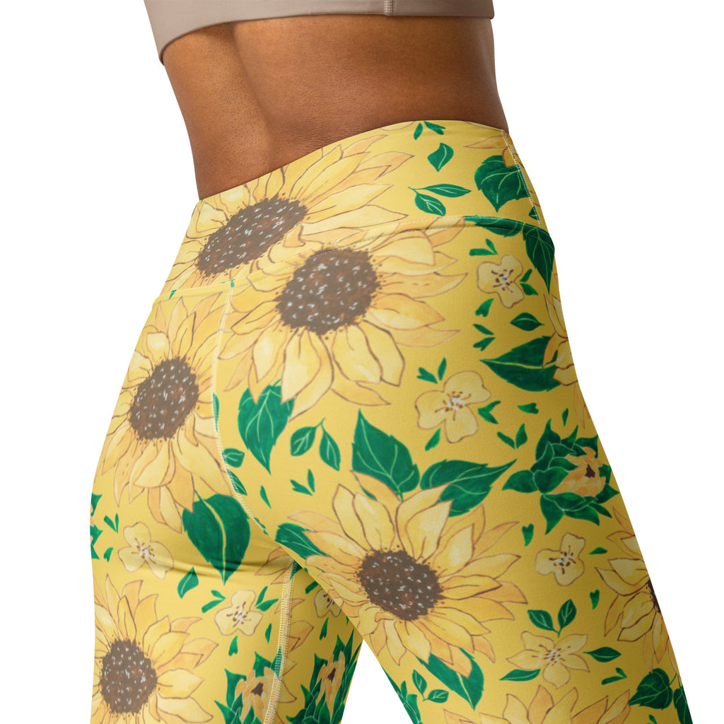 Women's Watercolor Sunflower Buttery Soft Yoga Leggings - Quick Drying, High Waisted Comfort