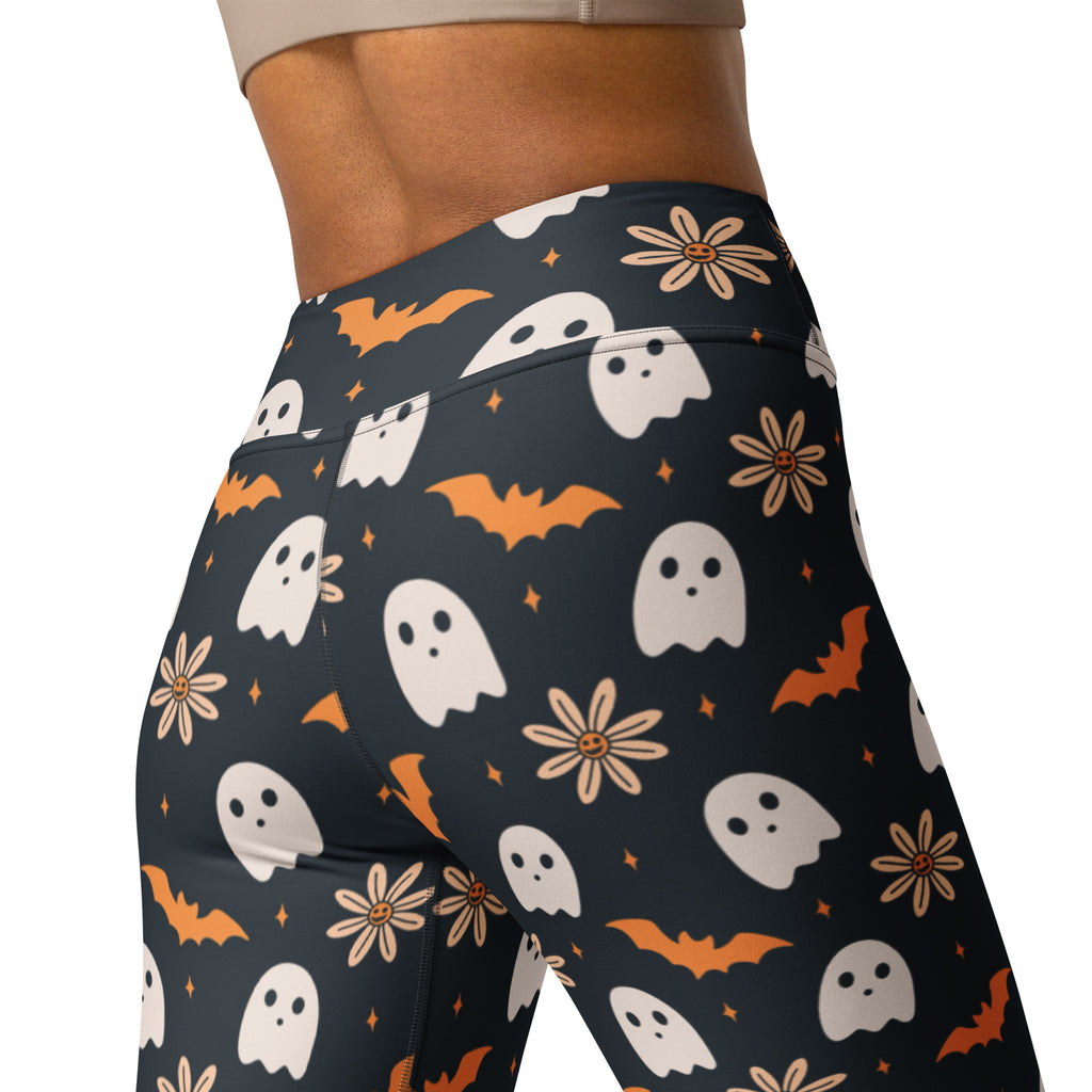 Women's Orange Floral Ghost Halloween Buttery Soft Yoga Leggings - Quick Drying, High Waisted Comfort