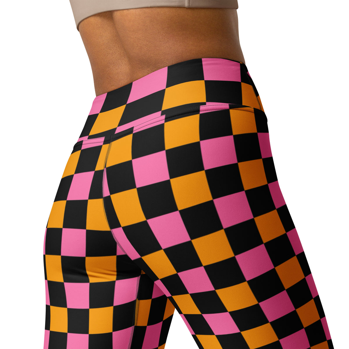 Women's Pink Orange Black Checkered Halloween Buttery Soft Yoga Leggings - Quick Drying, High Waisted Comfort