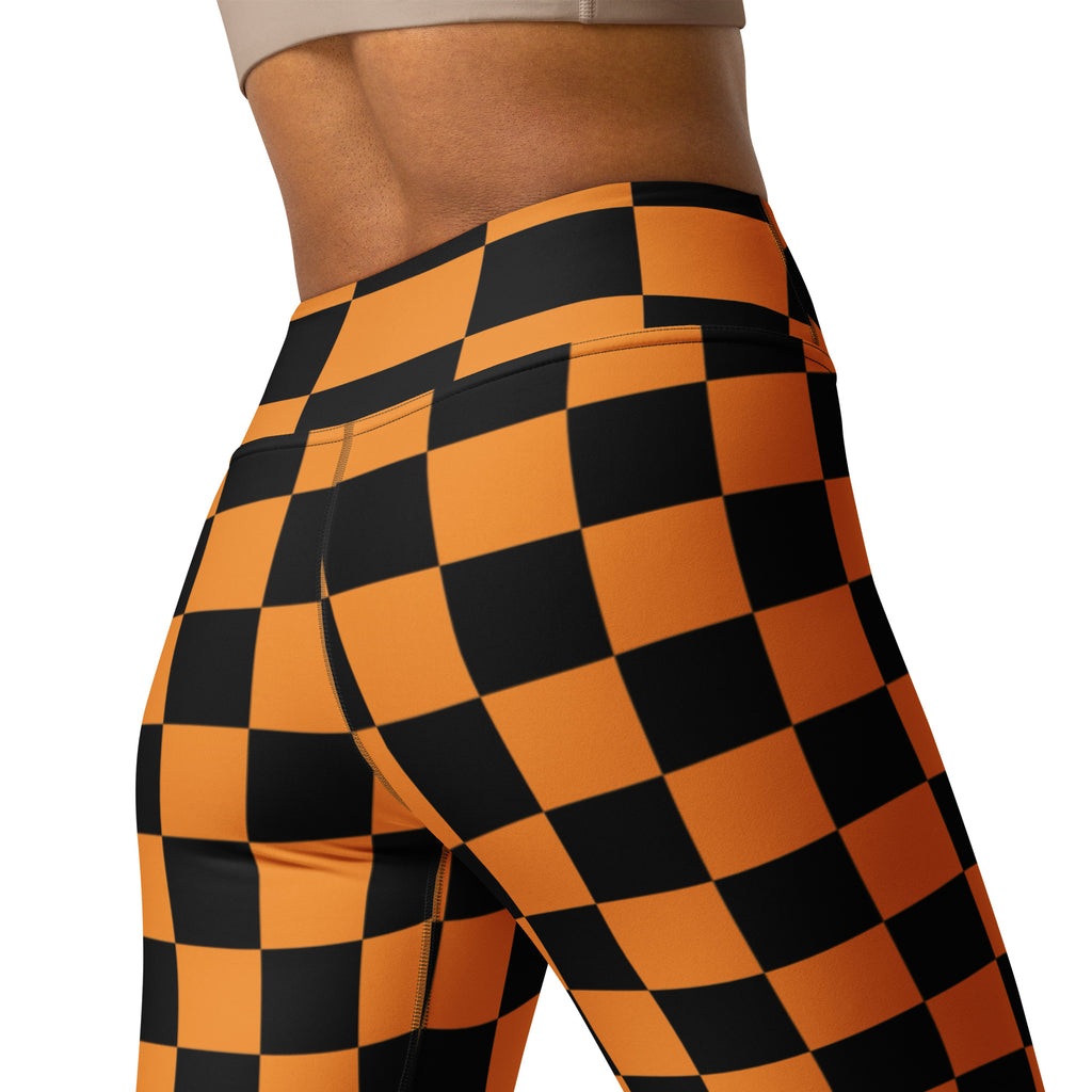 Women's Orange & Black Checkered Halloween Buttery Soft Yoga Leggings - Quick Drying, High Waisted Comfort