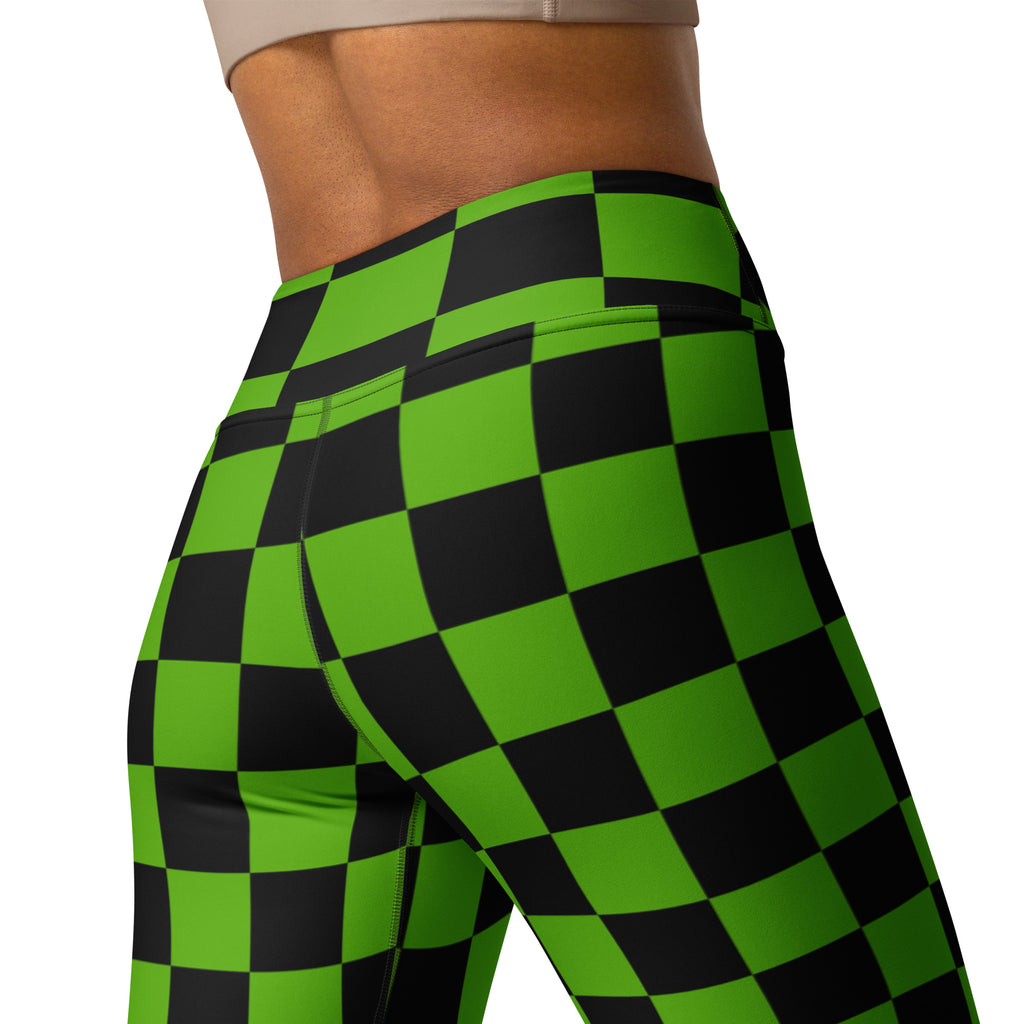 Women's Green & Black Checkered Halloween Buttery Soft Yoga Leggings - Quick Drying, High Waisted Comfort
