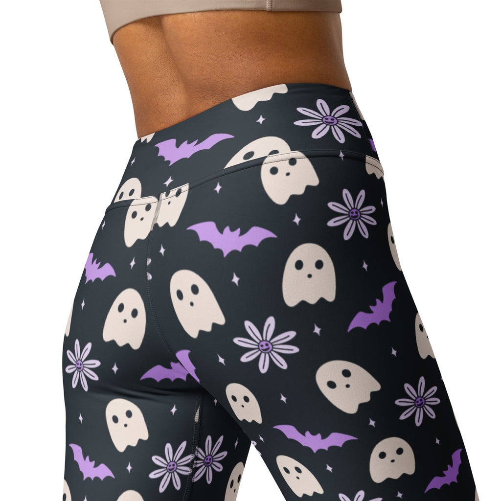 Women's Purple Floral Ghost Halloween Buttery Soft Yoga Leggings - Quick Drying, High Waisted Comfort