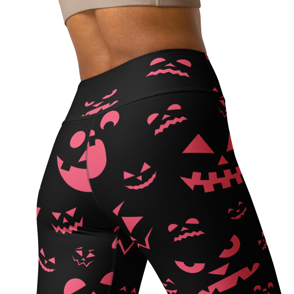 Women's Pink Jack-O'-Lantern Faces Halloween Buttery Soft Yoga Leggings - Quick Drying, High Waisted Comfort