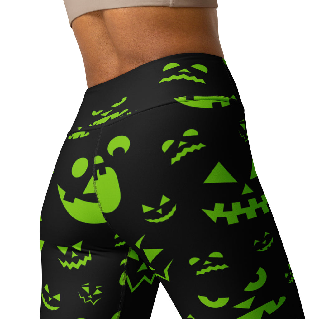 Women's Green Jack-O'-Lantern Faces Halloween Buttery Soft Yoga Leggings - Quick Drying, High Waisted Comfort