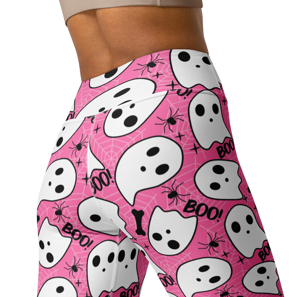 Women's Pink Ghost Halloween Themed Buttery Soft Yoga Leggings - Quick Drying, High Waisted Comfort
