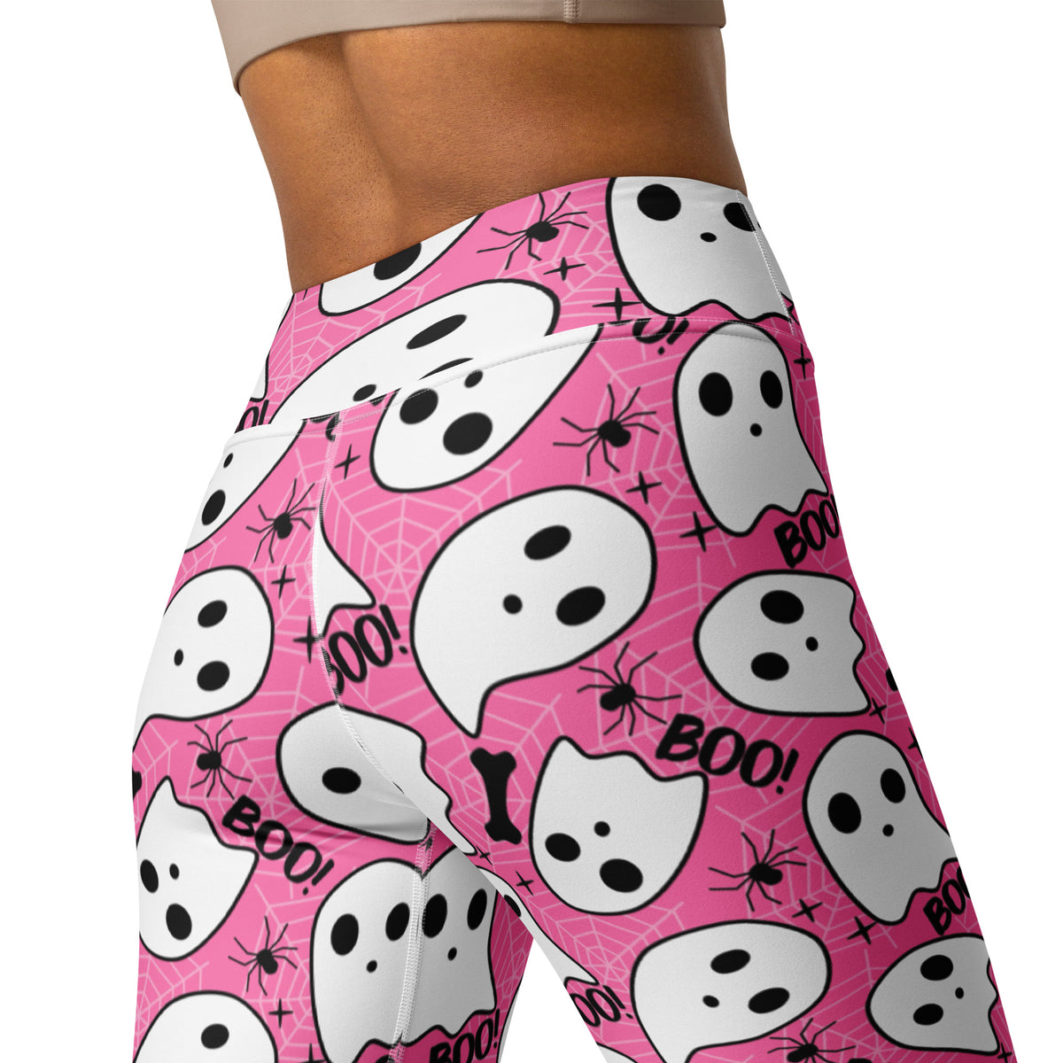 Women's Pink Ghost Halloween Themed Buttery Soft Yoga Leggings - Quick Drying, High Waisted Comfort