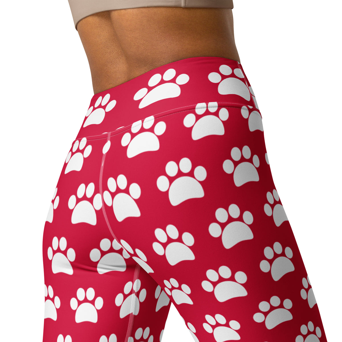 Women's Crimson Red Paw Print Buttery Soft Yoga Leggings - Quick Drying, High Waisted Comfort
