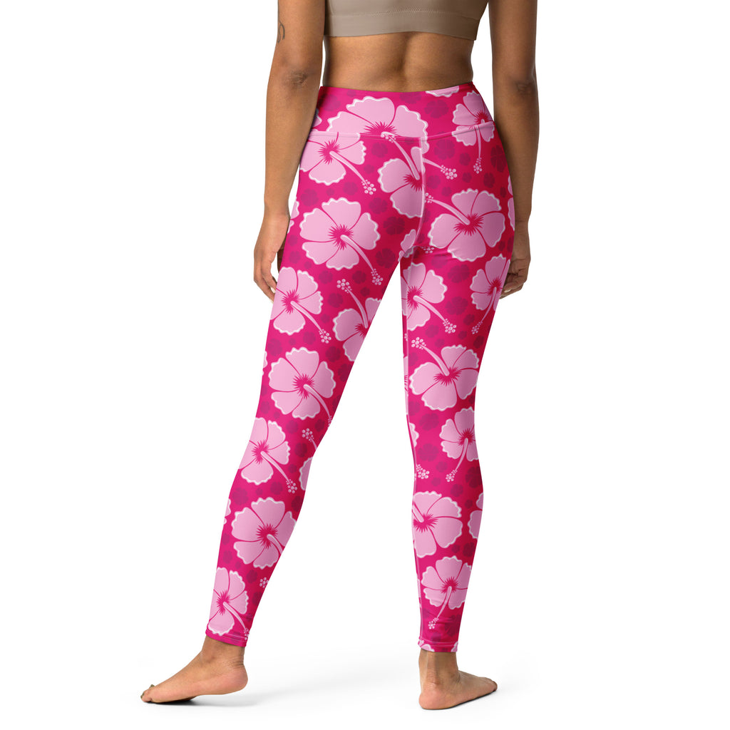 Women’s tropical pink hibiscus floral high-waisted buttery soft yoga leggings with bright pink pattern