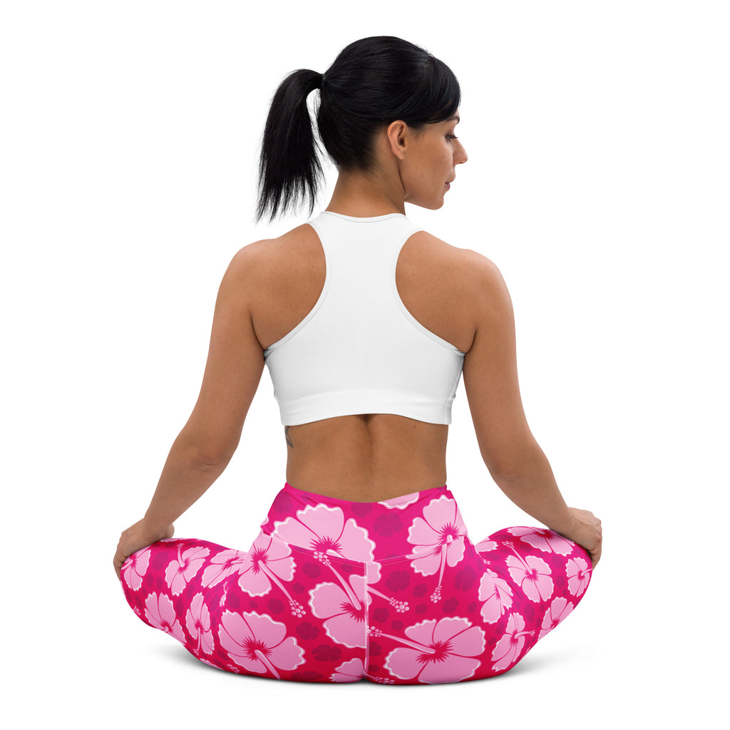 Women’s tropical pink hibiscus floral buttery soft yoga leggings featuring a vibrant hibiscus pattern on soft fabric