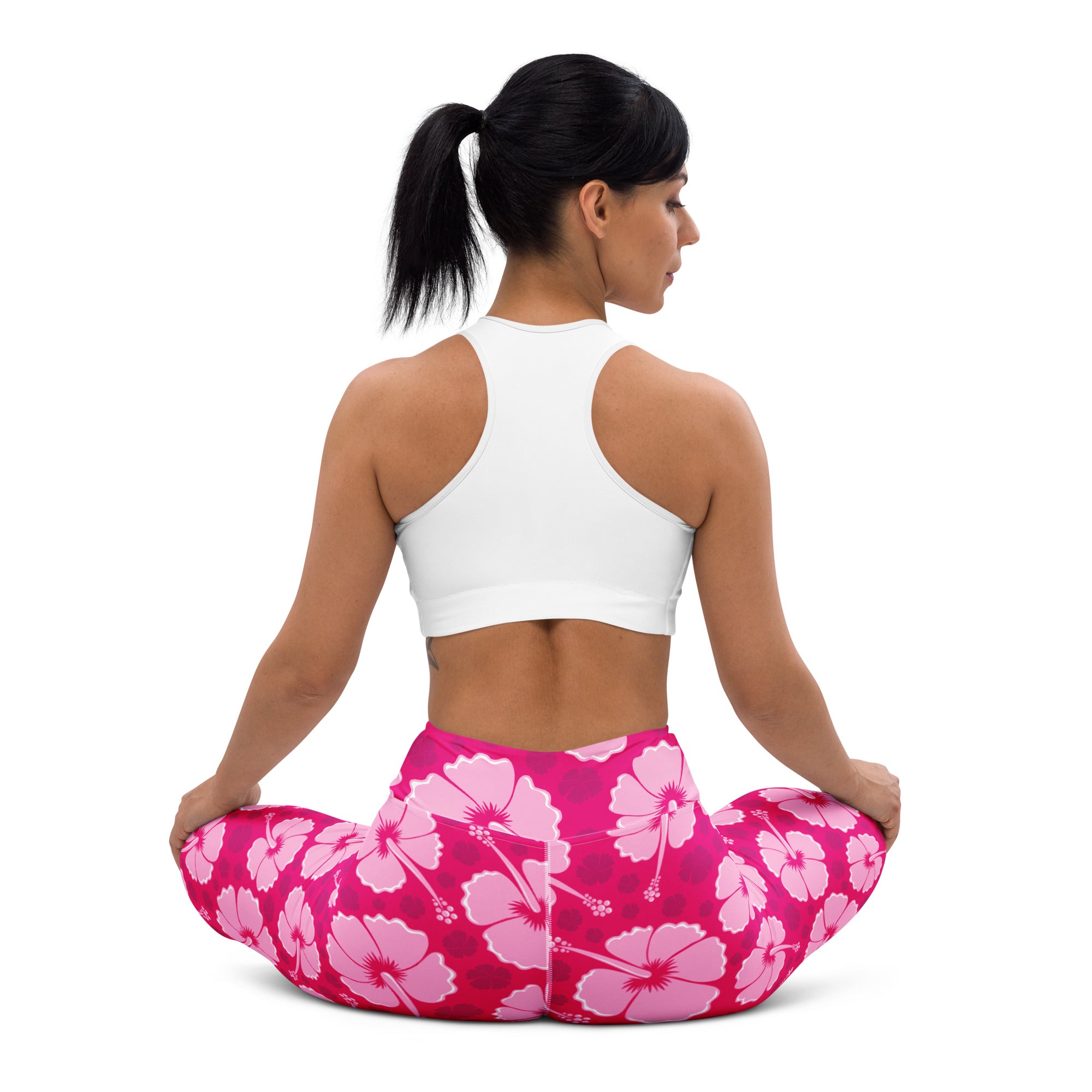 Women’s tropical pink hibiscus floral buttery soft yoga leggings featuring a vibrant hibiscus pattern on soft fabric