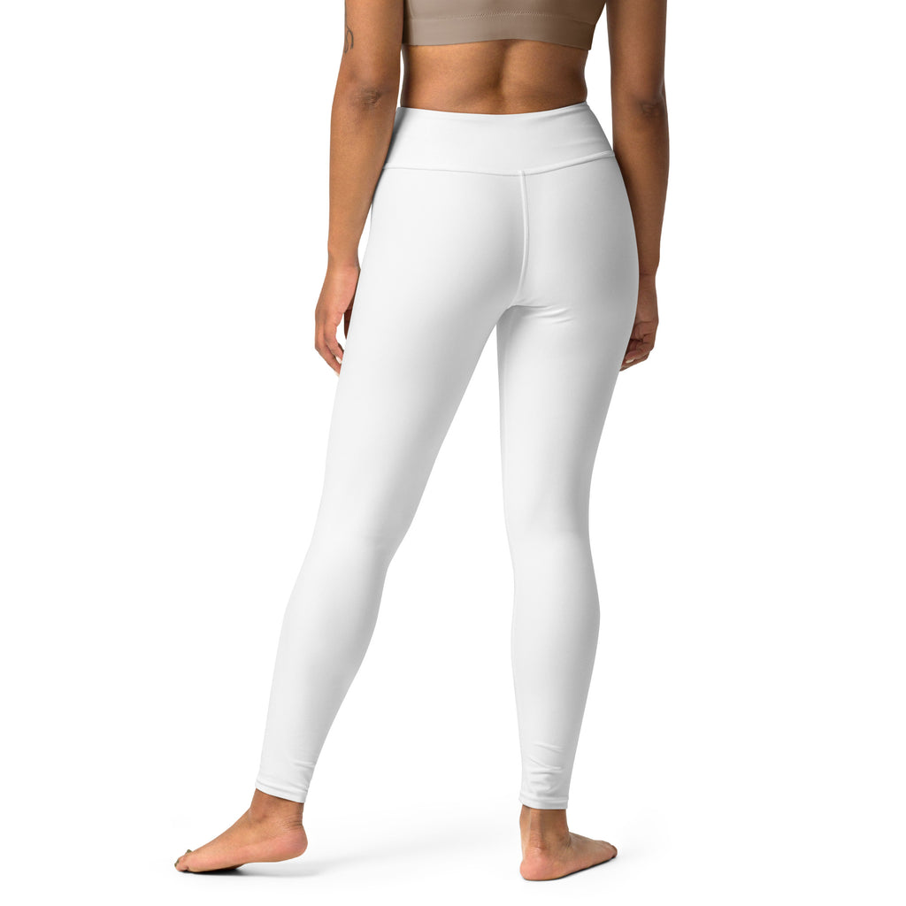 Women’s white buttery soft yoga leggings made of smooth form-fitting stretch fabric in high-waisted style