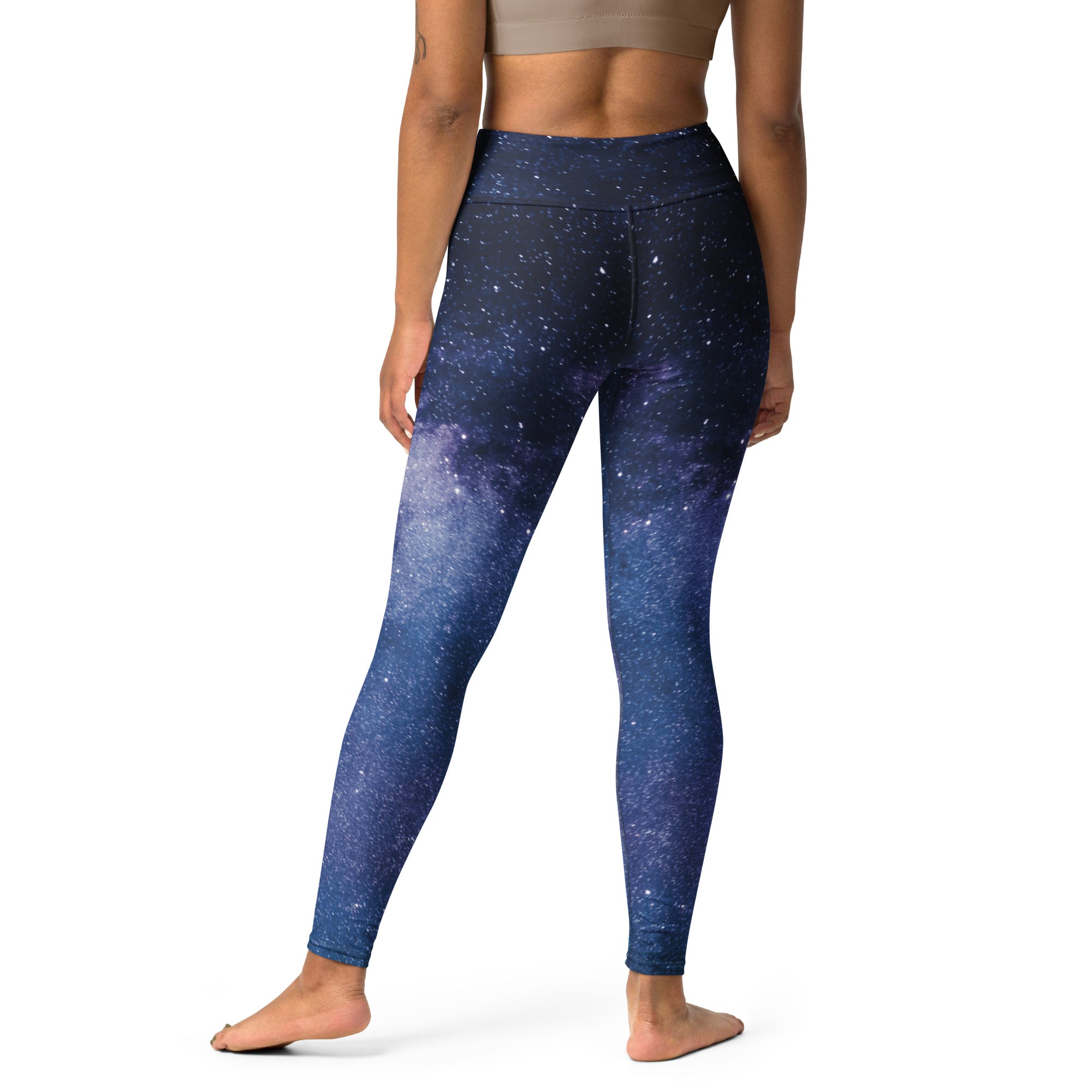 Dark blue galaxy-themed high-waisted buttery soft yoga leggings with subtle gradient and starry print for women