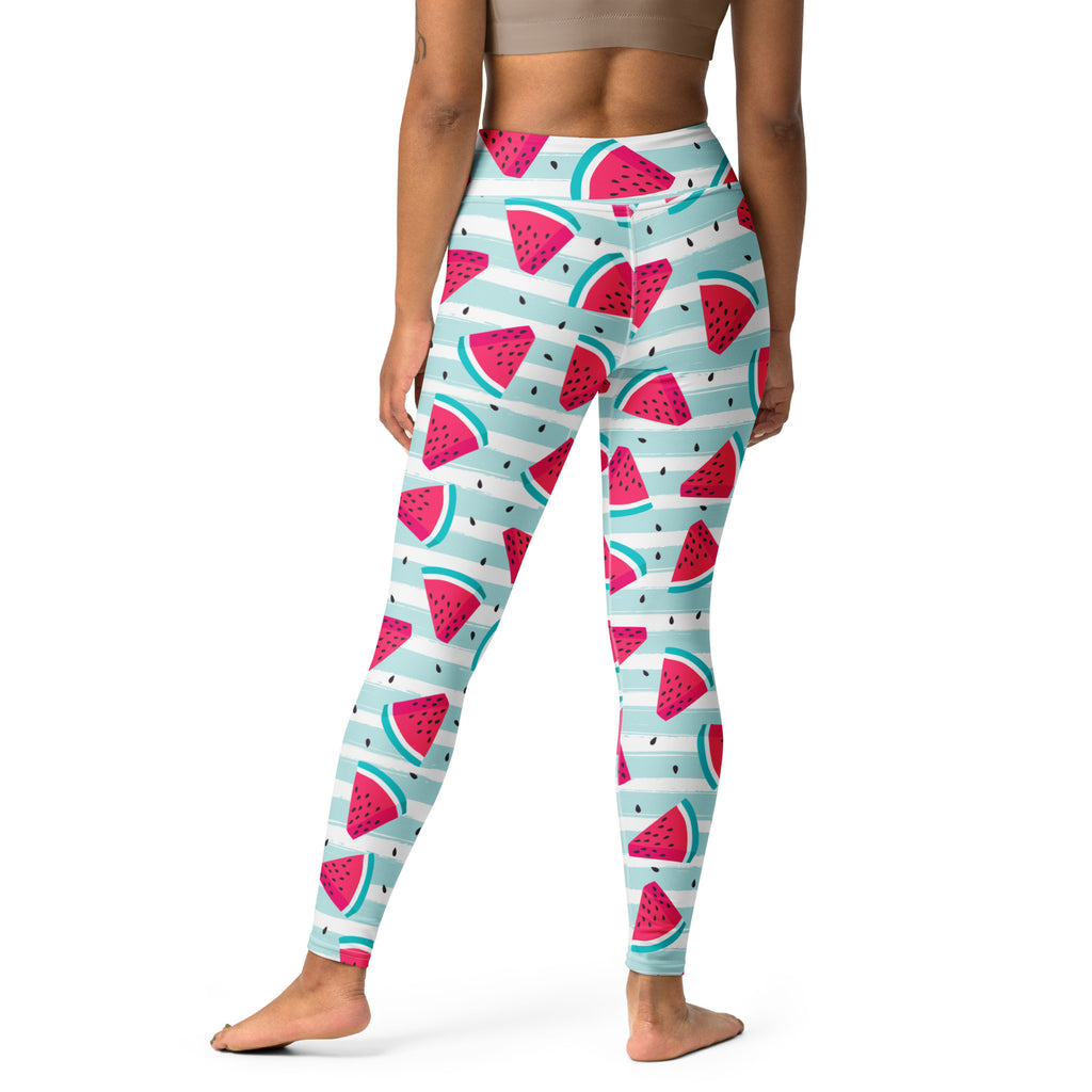 Women’s watermelon print high-waisted buttery soft yoga leggings in vibrant pink and teal pattern