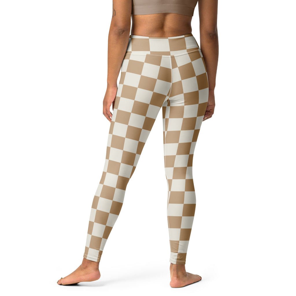 Women’s tan and white checkered high waisted buttery soft yoga leggings designed for comfort and style