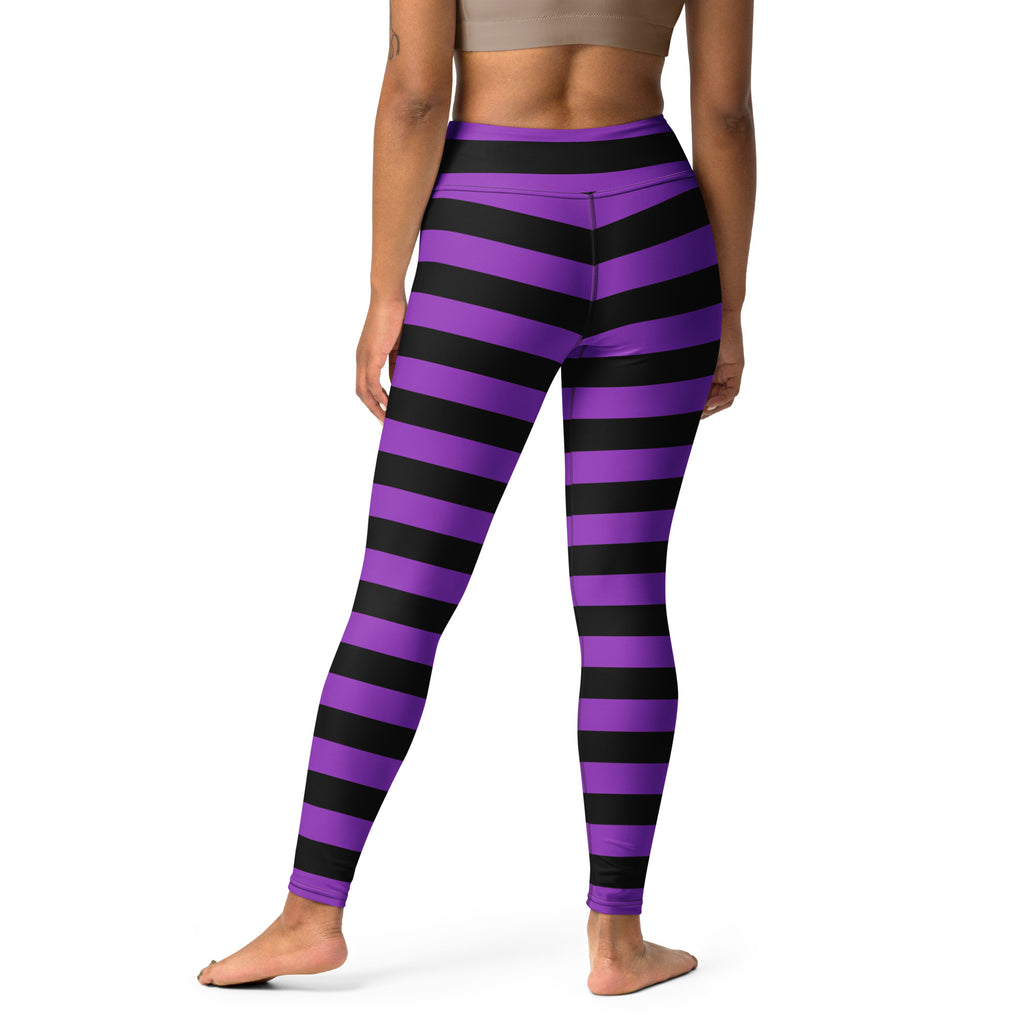 Women’s purple and black striped high-waisted buttery soft yoga leggings perfect for halloween workouts