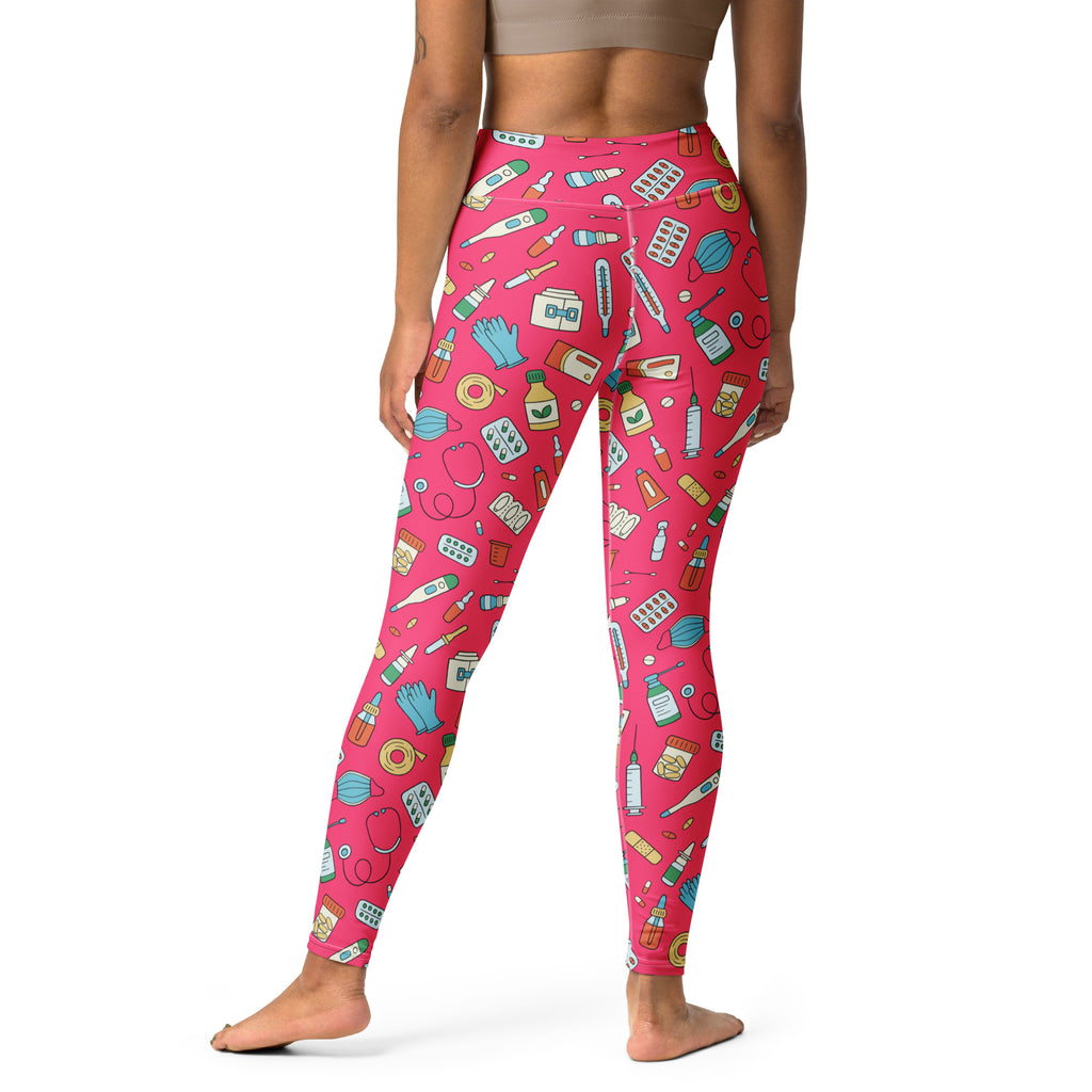 Bright pink women’s nurse themed buttery soft high-waisted yoga leggings with blue green and white medical illustrations
