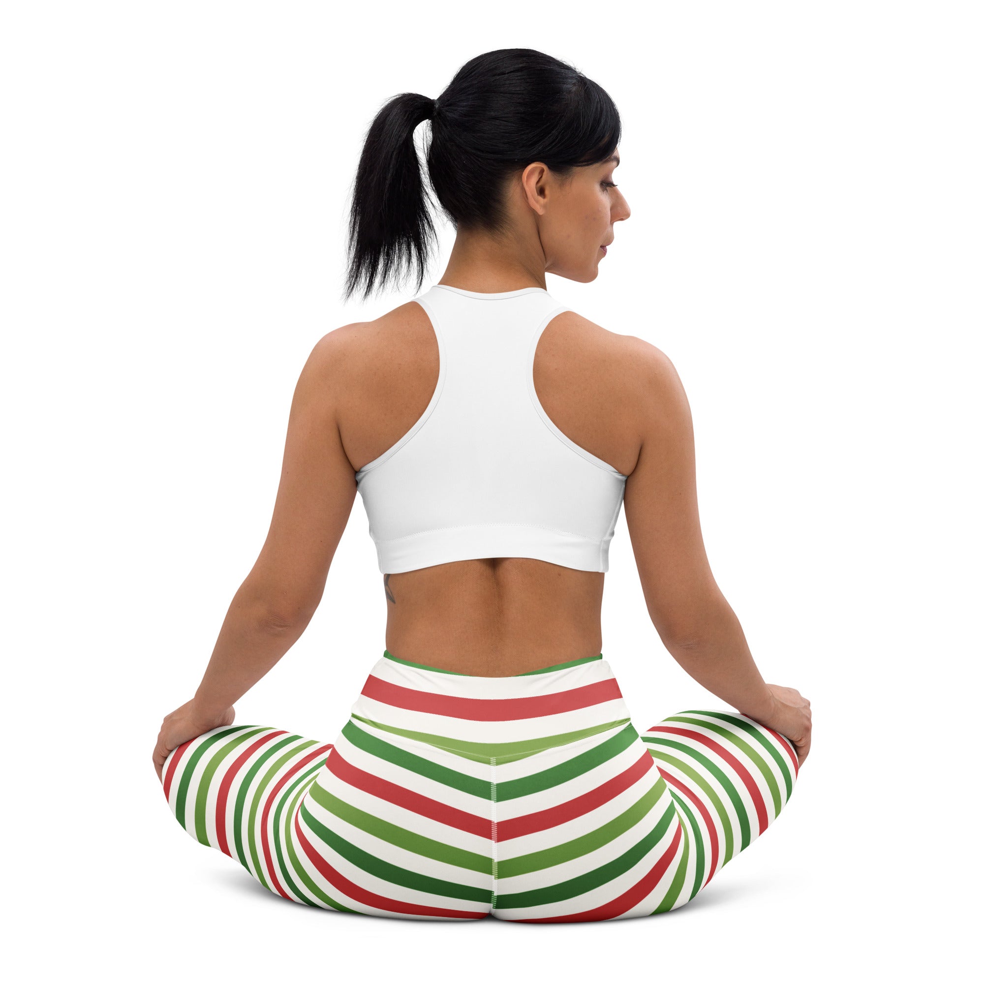 Women’s striped christmas buttery soft yoga leggings in red green and white with a snug fit