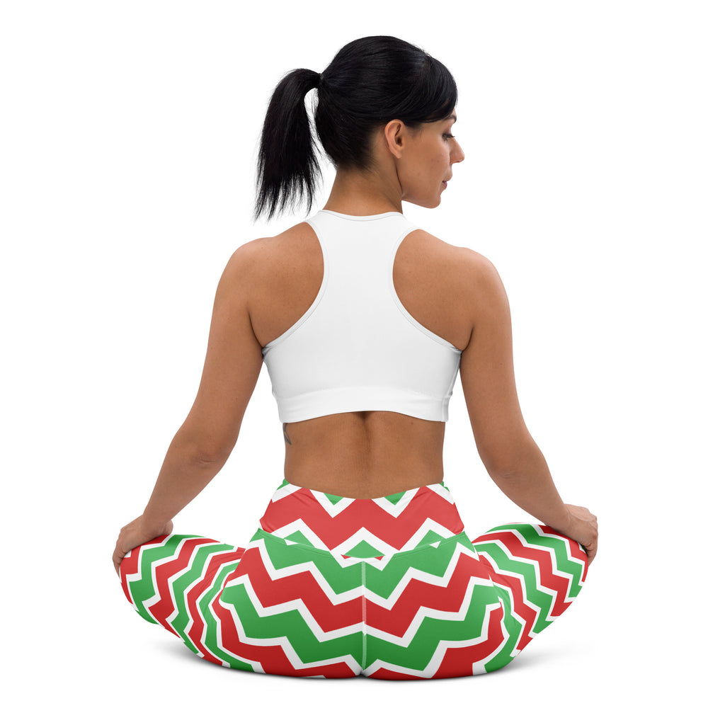 Women’s red and green chevron buttery soft yoga leggings designed for comfortable holiday workouts