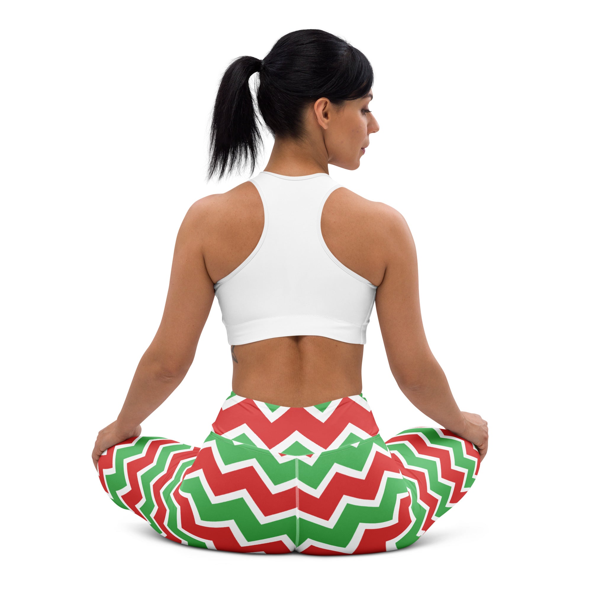 Women’s red and green chevron buttery soft yoga leggings designed for comfortable holiday workouts