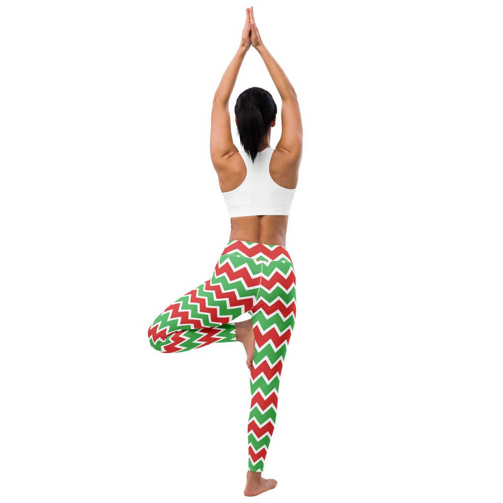 Women’s buttery soft yoga leggings with red and green chevron pattern perfect for christmas workouts