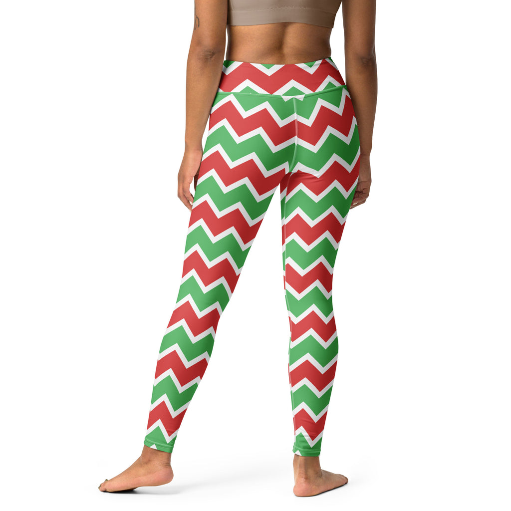 Women’s red and green chevron high-waisted buttery soft yoga leggings perfect for christmas workouts