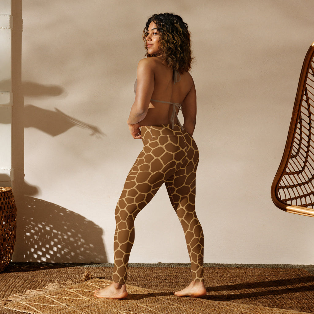 Women’s giraffe print buttery soft yoga leggings in stretchy tan and brown geometric patterned fabric