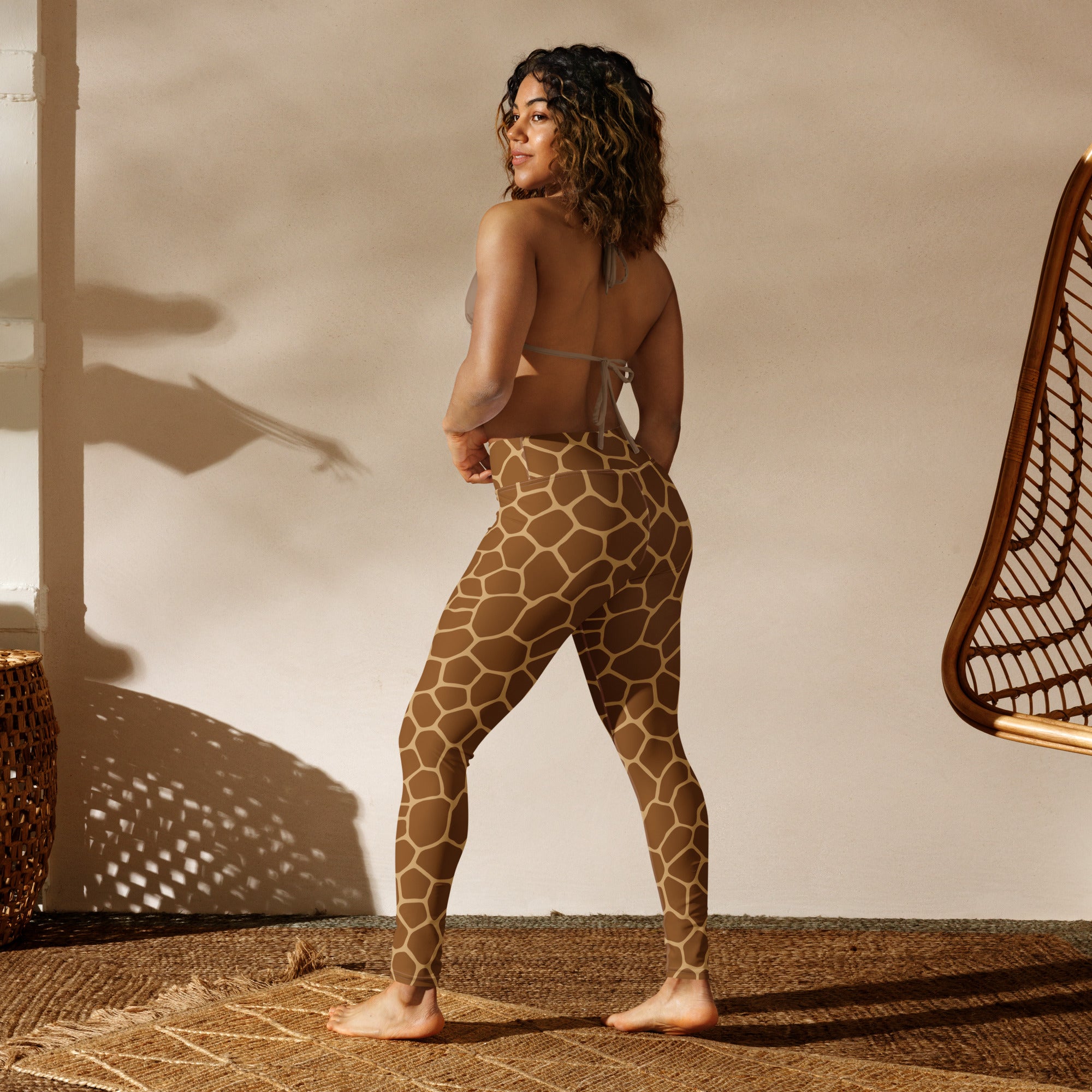 Women’s giraffe print buttery soft yoga leggings in stretchy tan and brown geometric patterned fabric