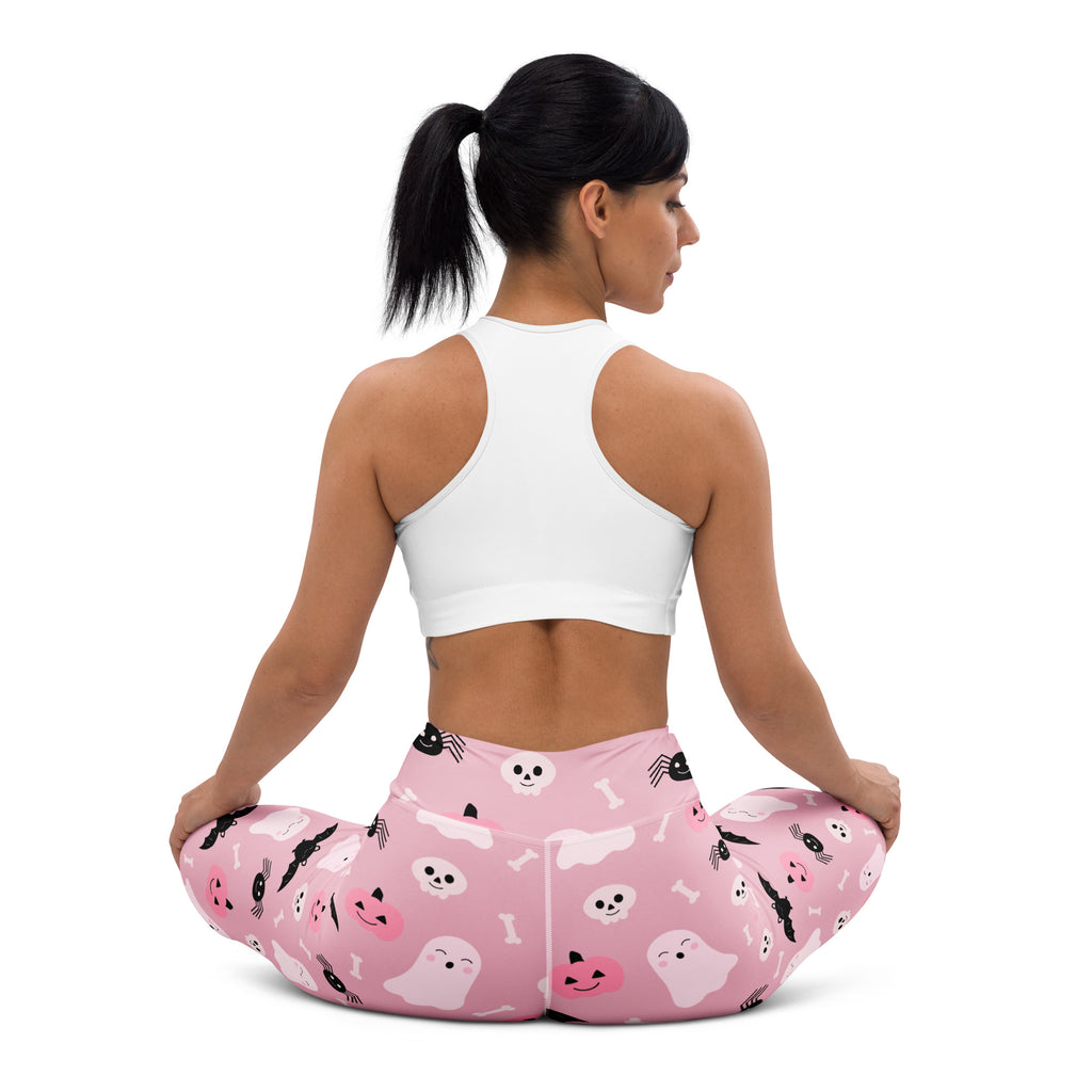 Women’s cute ghost and bats pink halloween buttery soft yoga leggings with playful ghost skull and spider designs