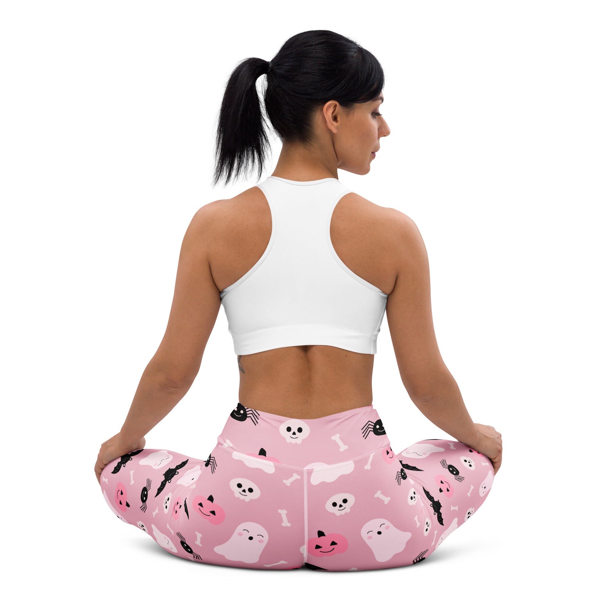Women’s cute ghost and bats pink halloween buttery soft yoga leggings with playful ghost skull and spider designs