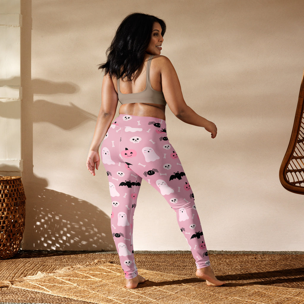 Women’s cute ghost and bats pink Halloween buttery soft yoga leggings with playful white ghosts black bats and spiders pattern