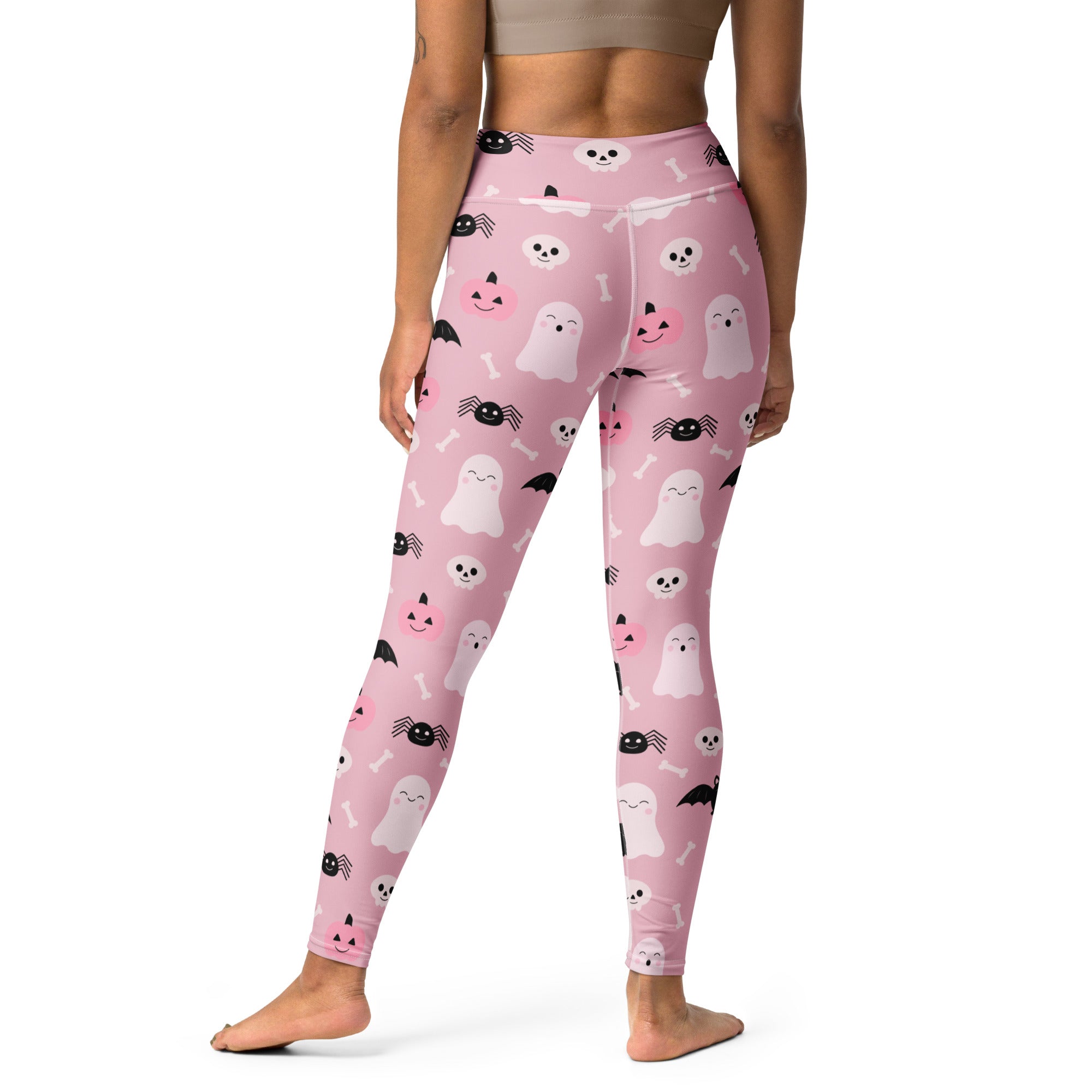 Women’s cute ghost and bats pink buttery soft yoga leggings with halloween pattern of white ghosts black spiders and jack o lanterns