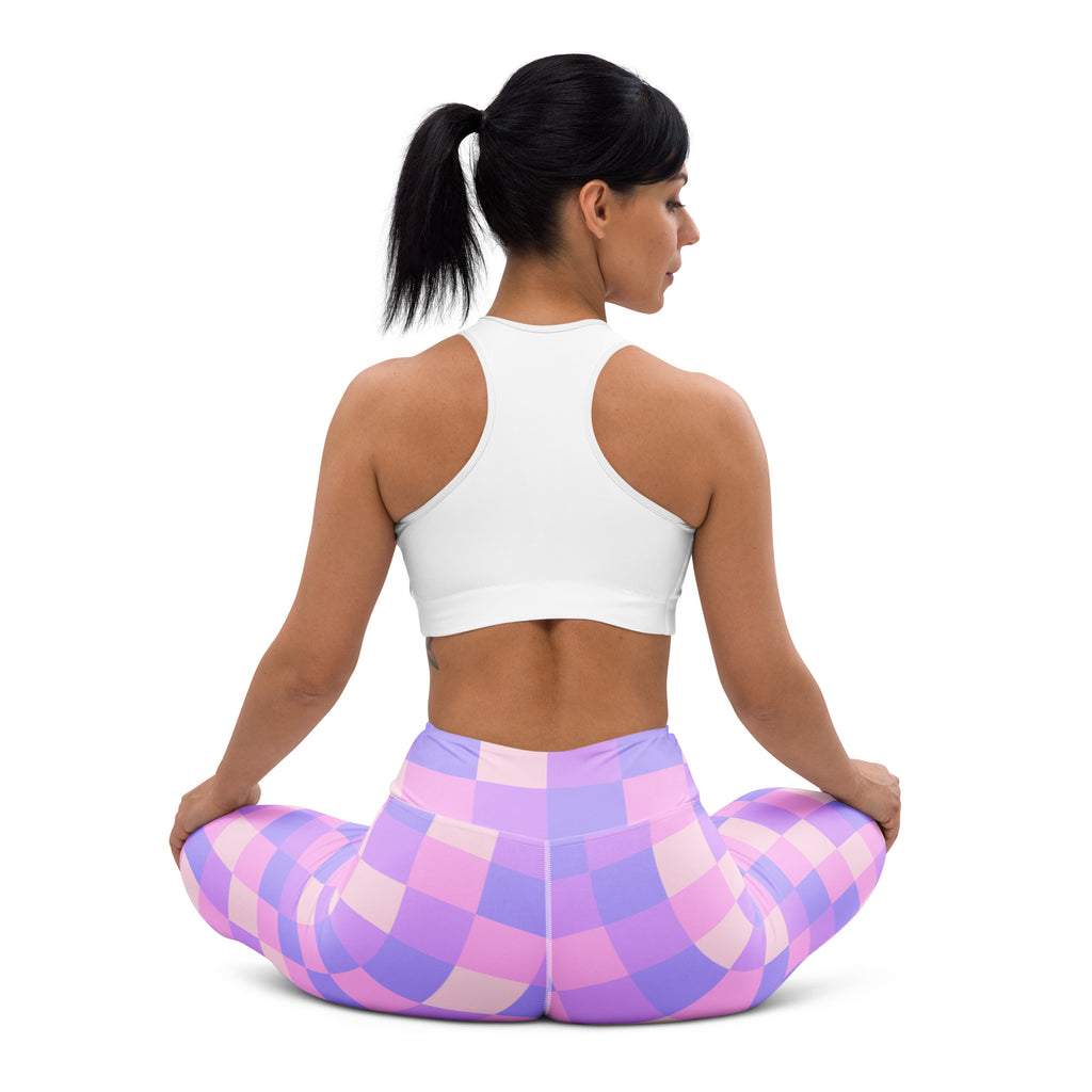 Women’s purple and pink checkered buttery soft yoga leggings shown from the back side
