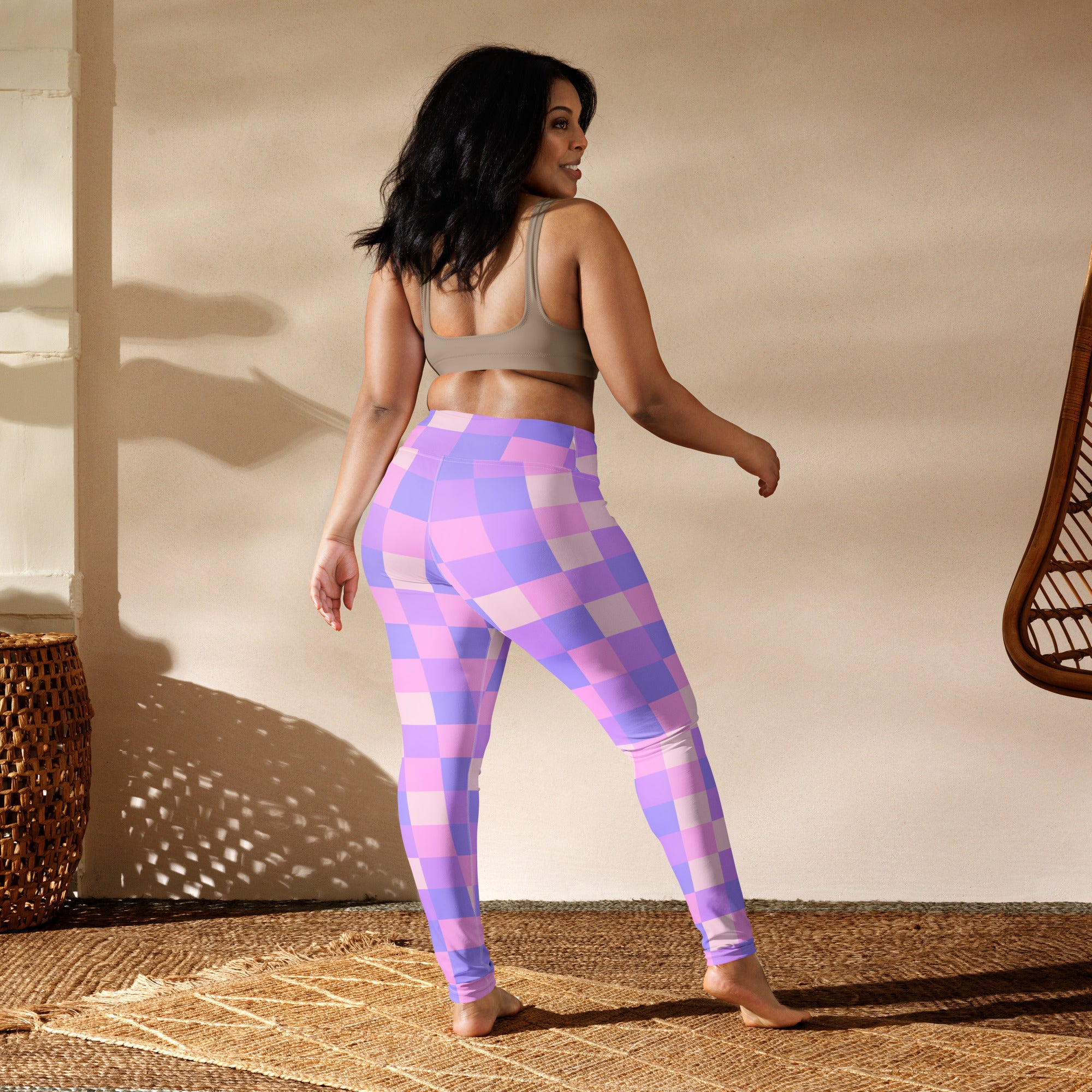 Women’s purple and pink checkered buttery soft yoga leggings showing front side for comfortable activewear