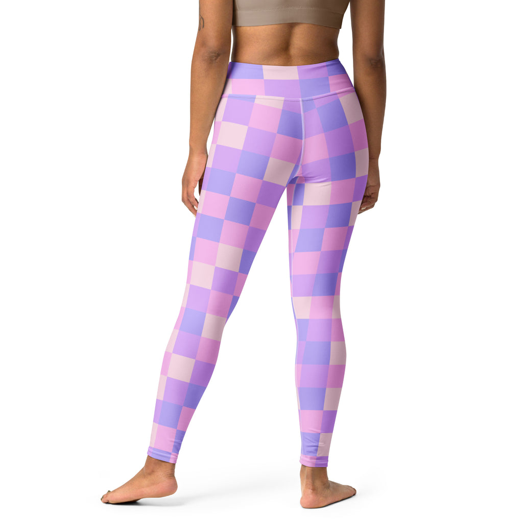 Women’s purple and pink checkered high-waisted buttery soft yoga leggings shown from the back side